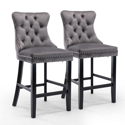 4X Velvet Bar Stools with Studs Trim Wooden Legs Tufted Dining Chairs Kitchen.
