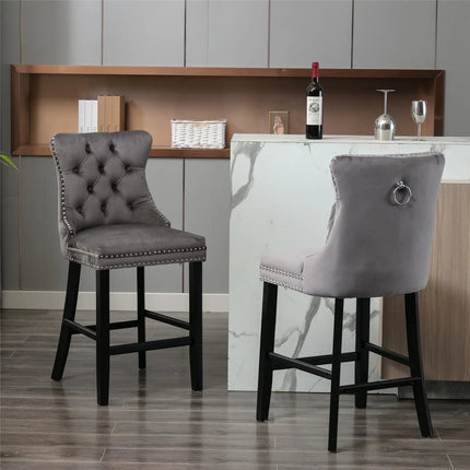2X Velvet Bar Stools with Studs Trim Wooden Legs Tufted Dining Chairs Kitchen.