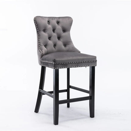 2X Velvet Bar Stools with Studs Trim Wooden Legs Tufted Dining Chairs Kitchen.