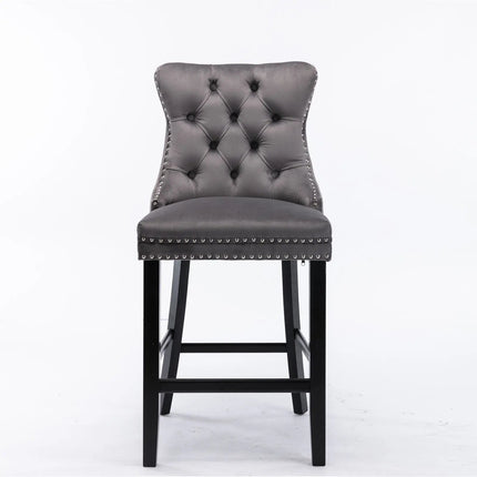 2X Velvet Bar Stools with Studs Trim Wooden Legs Tufted Dining Chairs Kitchen.