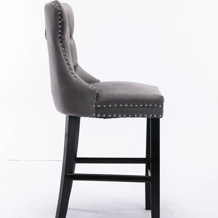 2X Velvet Bar Stools with Studs Trim Wooden Legs Tufted Dining Chairs Kitchen.