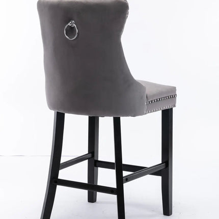 2X Velvet Bar Stools with Studs Trim Wooden Legs Tufted Dining Chairs Kitchen.