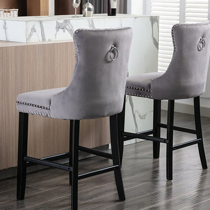 2X Velvet Bar Stools with Studs Trim Wooden Legs Tufted Dining Chairs Kitchen.