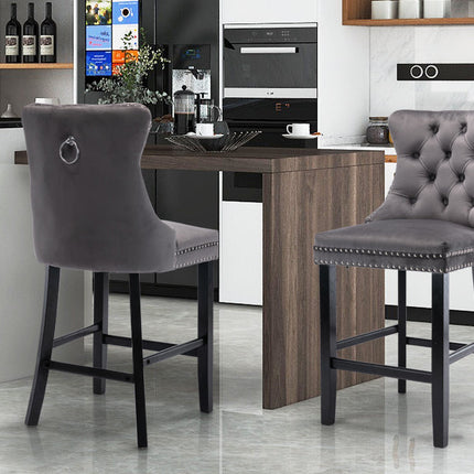 2X Velvet Bar Stools with Studs Trim Wooden Legs Tufted Dining Chairs Kitchen.