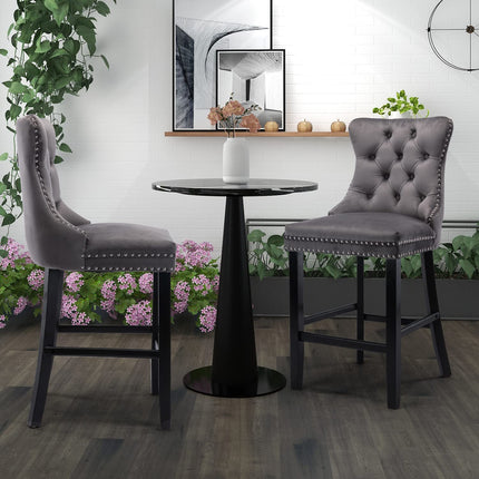 2X Velvet Bar Stools with Studs Trim Wooden Legs Tufted Dining Chairs Kitchen.