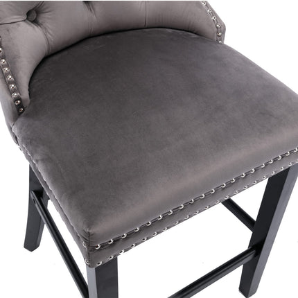 2X Velvet Bar Stools with Studs Trim Wooden Legs Tufted Dining Chairs Kitchen.