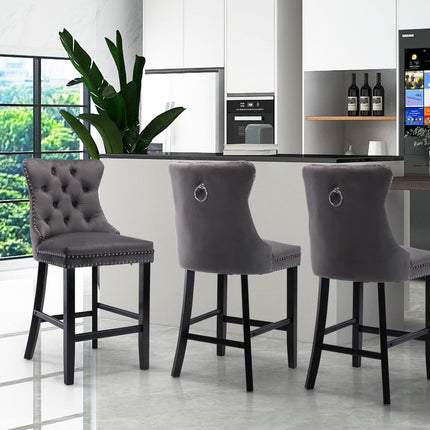 2X Velvet Bar Stools with Studs Trim Wooden Legs Tufted Dining Chairs Kitchen.