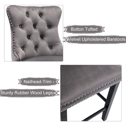 2X Velvet Bar Stools with Studs Trim Wooden Legs Tufted Dining Chairs Kitchen.