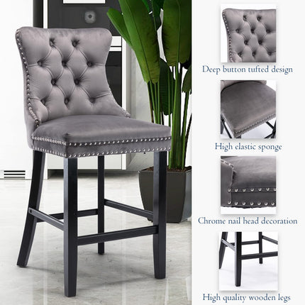 2X Velvet Bar Stools with Studs Trim Wooden Legs Tufted Dining Chairs Kitchen.