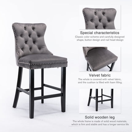 2X Velvet Bar Stools with Studs Trim Wooden Legs Tufted Dining Chairs Kitchen.