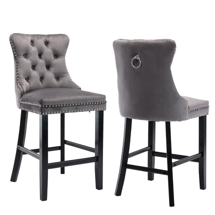 2X Velvet Bar Stools with Studs Trim Wooden Legs Tufted Dining Chairs Kitchen.