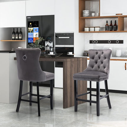 2X Velvet Bar Stools with Studs Trim Wooden Legs Tufted Dining Chairs Kitchen.