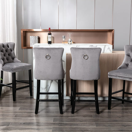 2X Velvet Bar Stools with Studs Trim Wooden Legs Tufted Dining Chairs Kitchen.