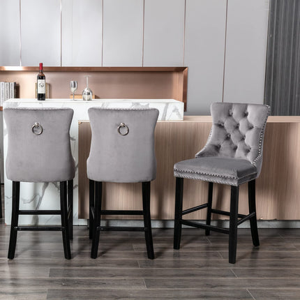 2X Velvet Bar Stools with Studs Trim Wooden Legs Tufted Dining Chairs Kitchen.