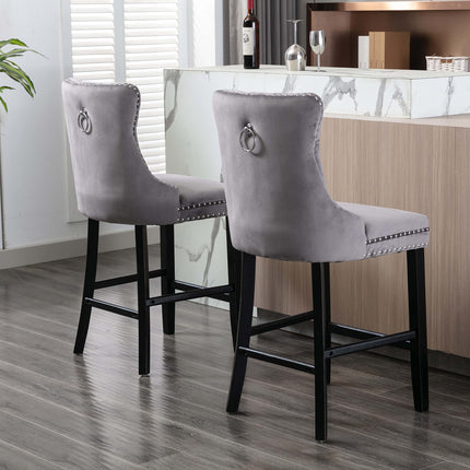 2X Velvet Bar Stools with Studs Trim Wooden Legs Tufted Dining Chairs Kitchen.