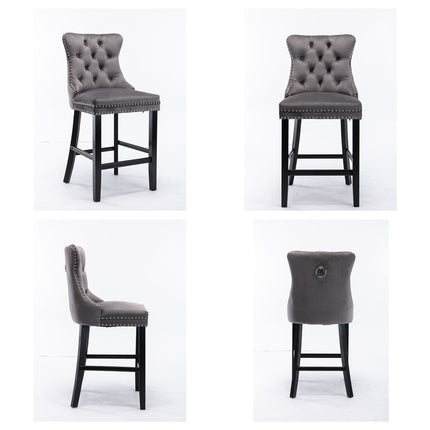 2X Velvet Bar Stools with Studs Trim Wooden Legs Tufted Dining Chairs Kitchen.