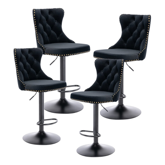 4x Height Adjustable Swivel Bar Stool Velvet Nailhead Barstool with Footrest.