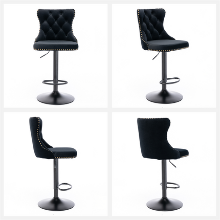 2x Height Adjustable Swivel Bar Stool Velvet Nailhead Barstool with Footrest.