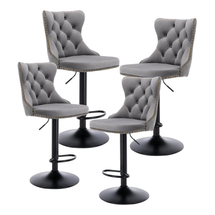 4x Height Adjustable Swivel Bar Stool Velvet Nailhead Barstool with Footrest.