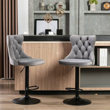 4x Height Adjustable Swivel Bar Stool Velvet Nailhead Barstool with Footrest.