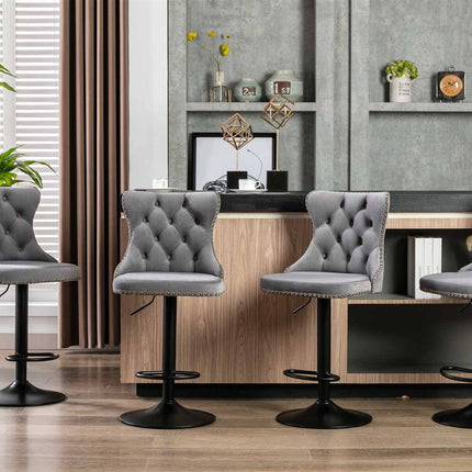 4x Height Adjustable Swivel Bar Stool Velvet Nailhead Barstool with Footrest.
