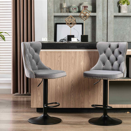 4x Height Adjustable Swivel Bar Stool Velvet Nailhead Barstool with Footrest.