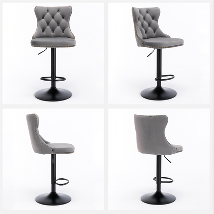 4x Height Adjustable Swivel Bar Stool Velvet Nailhead Barstool with Footrest.