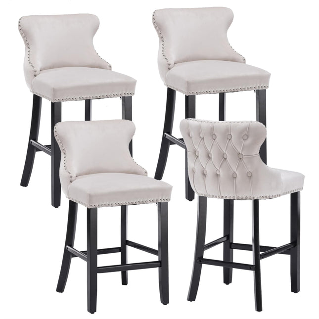 4x Velvet Upholstered Button Tufted Bar Stools with Wood Legs and Studs-Beige.