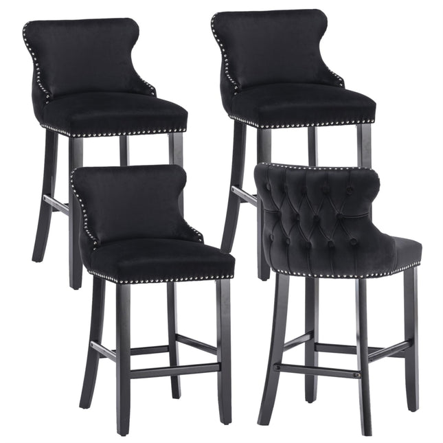 4x Velvet Upholstered Button Tufted Bar Stools with Wood Legs and Studs-Black.