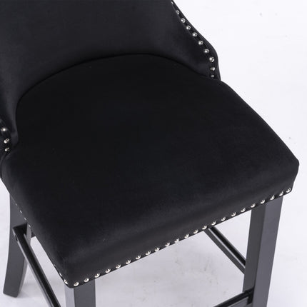 2x Velvet Upholstered Button Tufted Bar Stools with Wood Legs and Studs-Black.