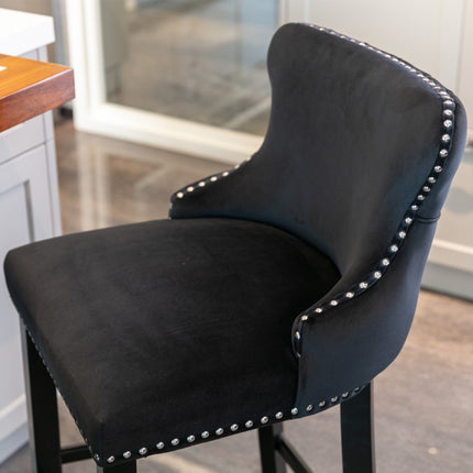 2x Velvet Upholstered Button Tufted Bar Stools with Wood Legs and Studs-Black.