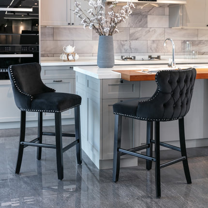 2x Velvet Upholstered Button Tufted Bar Stools with Wood Legs and Studs-Black.