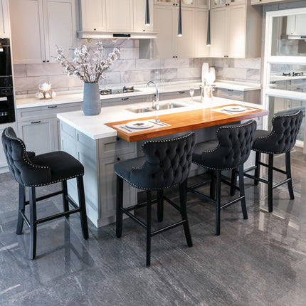 2x Velvet Upholstered Button Tufted Bar Stools with Wood Legs and Studs-Black.