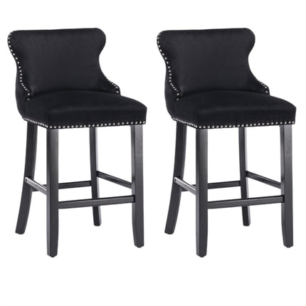 2x Velvet Upholstered Button Tufted Bar Stools with Wood Legs and Studs-Black.