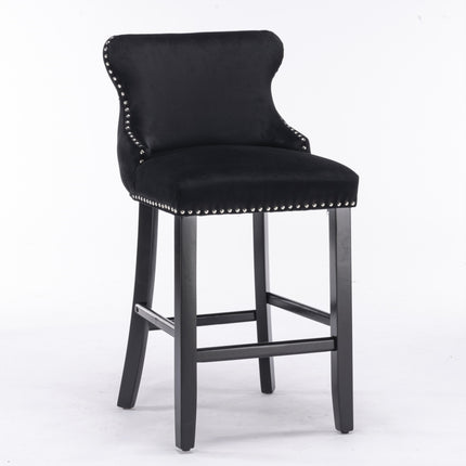 2x Velvet Upholstered Button Tufted Bar Stools with Wood Legs and Studs-Black.