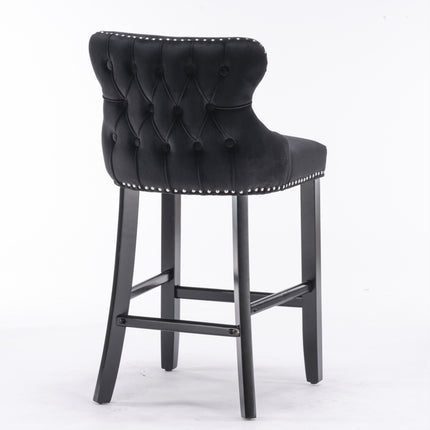 2x Velvet Upholstered Button Tufted Bar Stools with Wood Legs and Studs-Black.