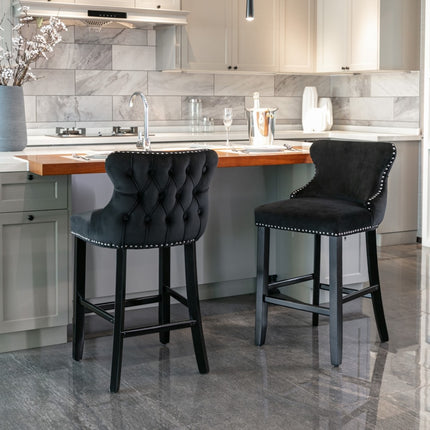 2x Velvet Upholstered Button Tufted Bar Stools with Wood Legs and Studs-Black.