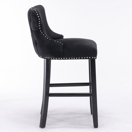 2x Velvet Upholstered Button Tufted Bar Stools with Wood Legs and Studs-Black.