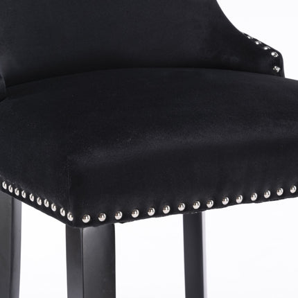 2x Velvet Upholstered Button Tufted Bar Stools with Wood Legs and Studs-Black.