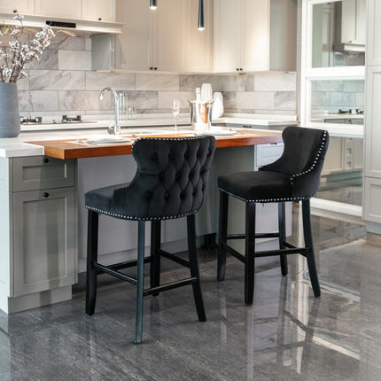 2x Velvet Upholstered Button Tufted Bar Stools with Wood Legs and Studs-Black.