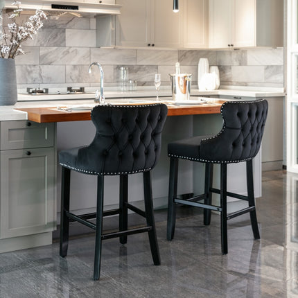2x Velvet Upholstered Button Tufted Bar Stools with Wood Legs and Studs-Black.