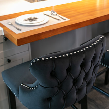 2x Velvet Upholstered Button Tufted Bar Stools with Wood Legs and Studs-Black.