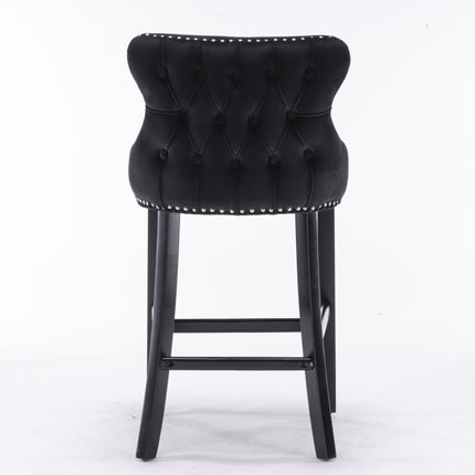 2x Velvet Upholstered Button Tufted Bar Stools with Wood Legs and Studs-Black.