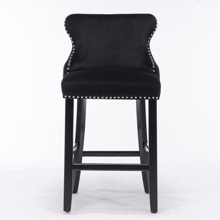 2x Velvet Upholstered Button Tufted Bar Stools with Wood Legs and Studs-Black.