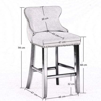 2x Velvet Upholstered Button Tufted Bar Stools with Wood Legs and Studs-Black.