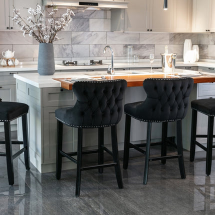 2x Velvet Upholstered Button Tufted Bar Stools with Wood Legs and Studs-Black.
