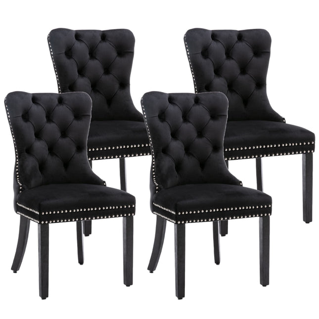 4x Velvet Dining Chairs Upholstered Tufted Kithcen Chair with Solid Wood Legs Stud Trim and Ring-Black.