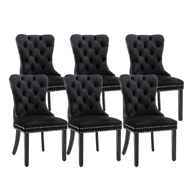 6x Velvet Dining Chairs Upholstered Tufted Kithcen Chair with Solid Wood Legs Stud Trim and Ring-Black.