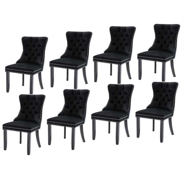 8x Velvet Dining Chairs Upholstered Tufted Kithcen Chair with Solid Wood Legs Stud Trim and Ring-Black.