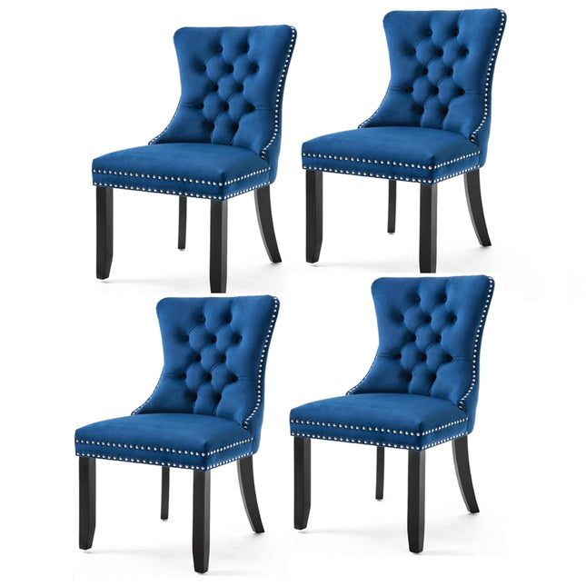 4x Velvet Dining Chairs Upholstered Tufted Kithcen Chair with Solid Wood Legs Stud Trim and Ring-Blue.